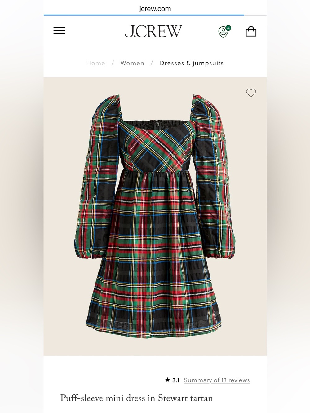 J CREW Puff-sleeve mini dress in Stewart tartan